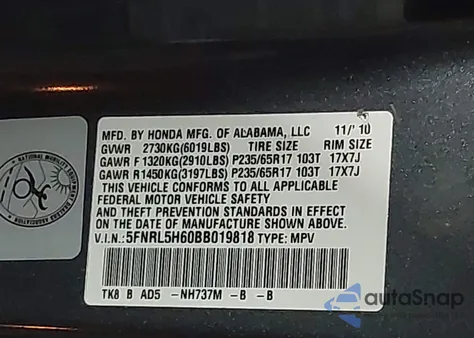 2011 Honda Odyssey Ex-L from USA, damaged, VIN 5FNRL5H60BB019818